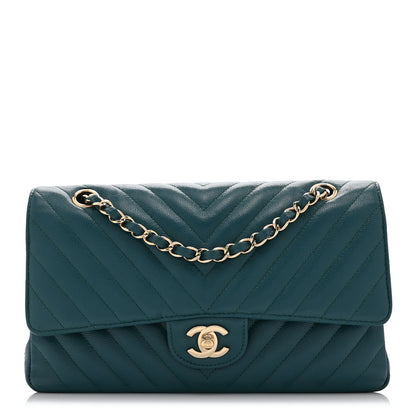 Chanel Caviar Chevron Quilted Medium Double Flap  Green 2 of 11