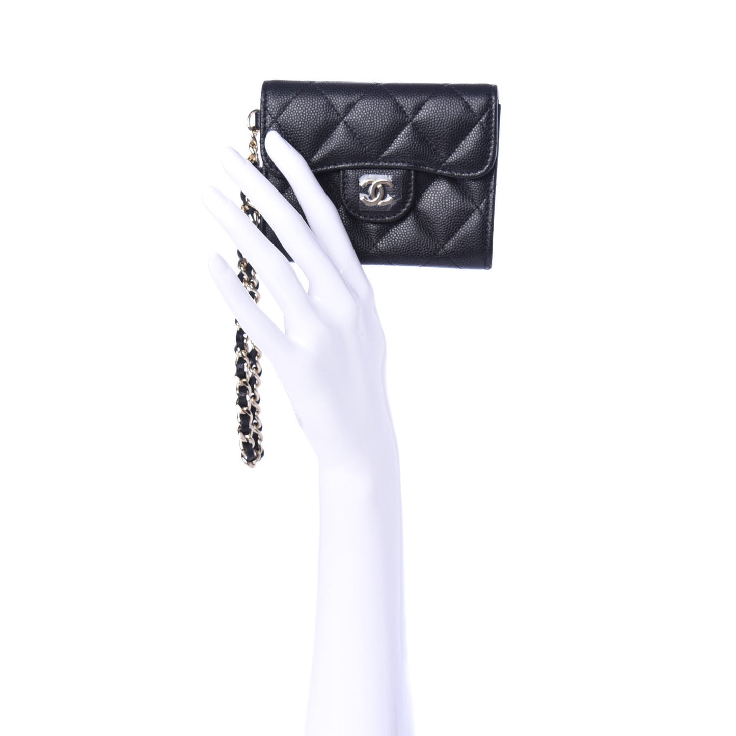 Caviar Quilted Flap Card Holder Chain Wristlet Black
