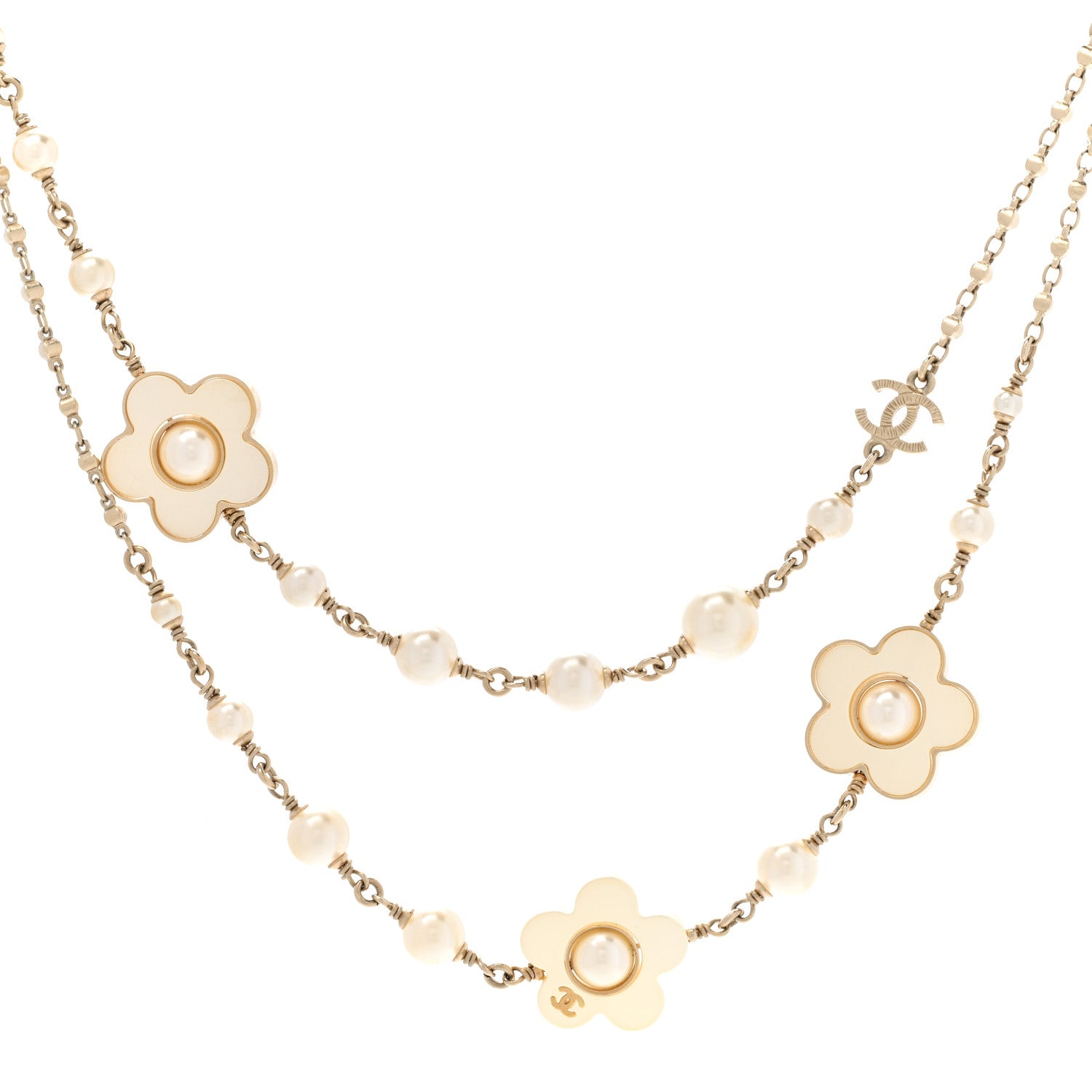 Chanel Pearl Bead CC Flower Necklace Gold 1 of 7