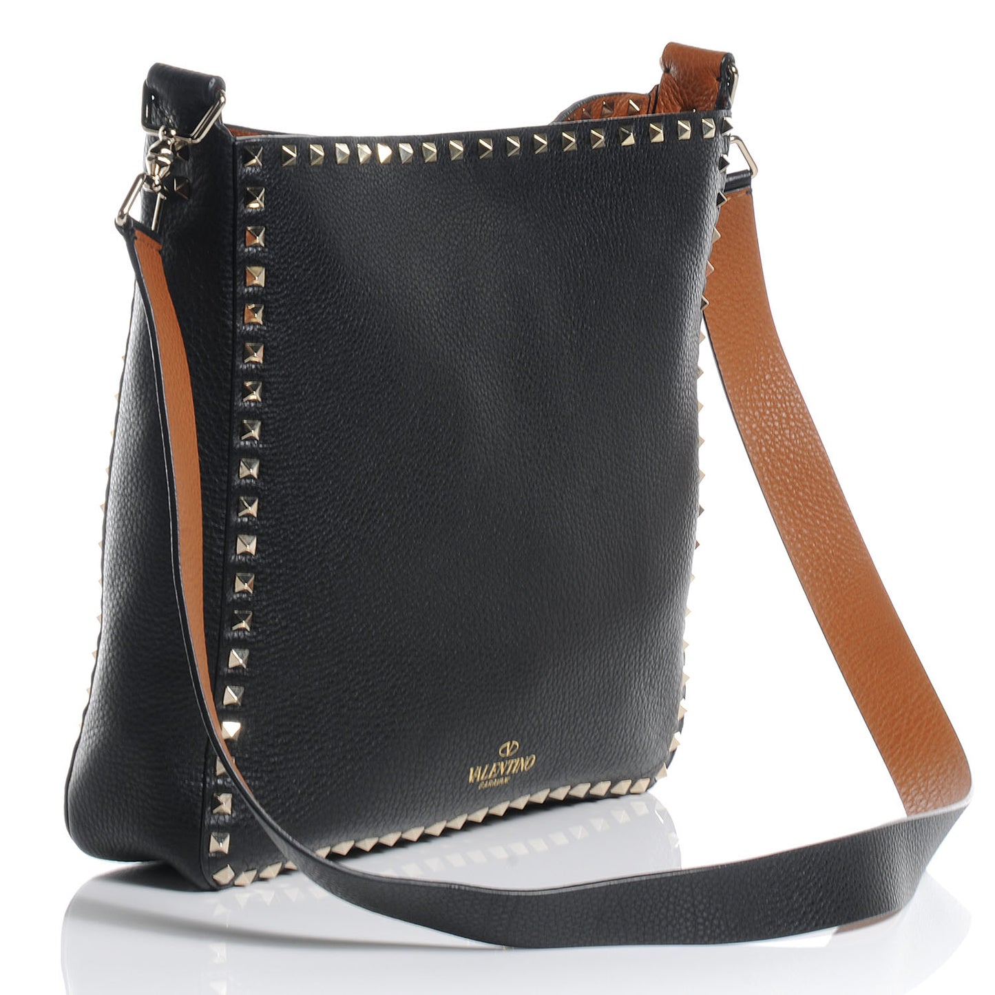 Calfskin Leather Rockstud Reversible Messenger Black