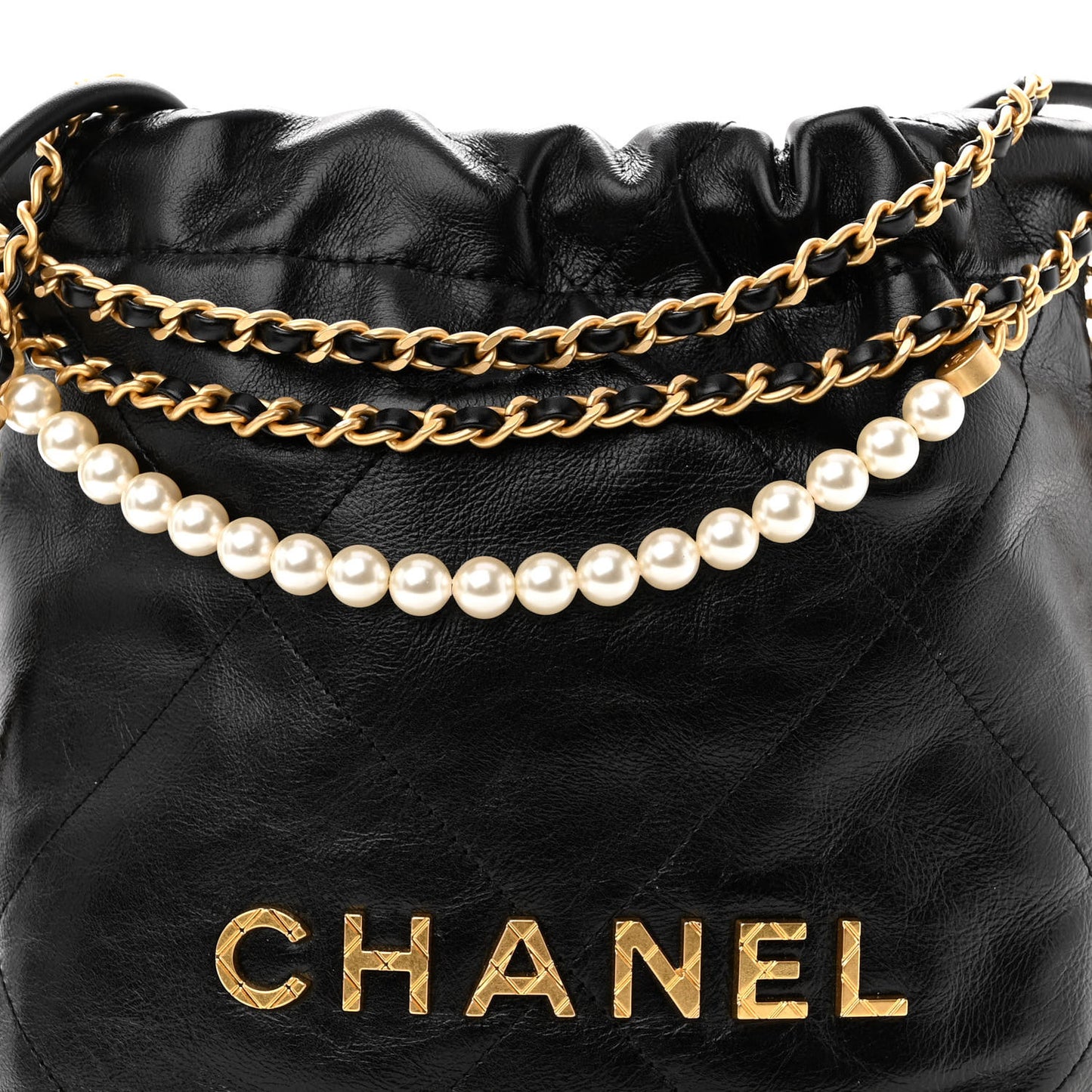 Shiny Crumpled Calfskin Quilted Pearl Mini Chanel 22 Black