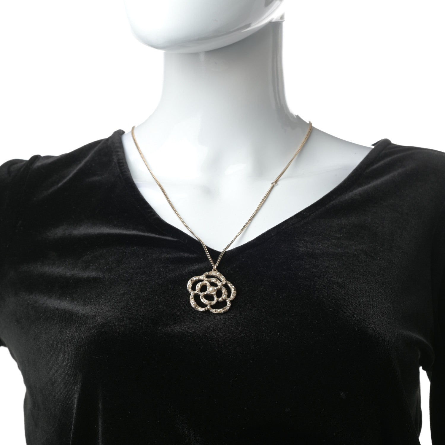 Chanel Crystal Pearl Camellia Necklace Gold 2 of 4