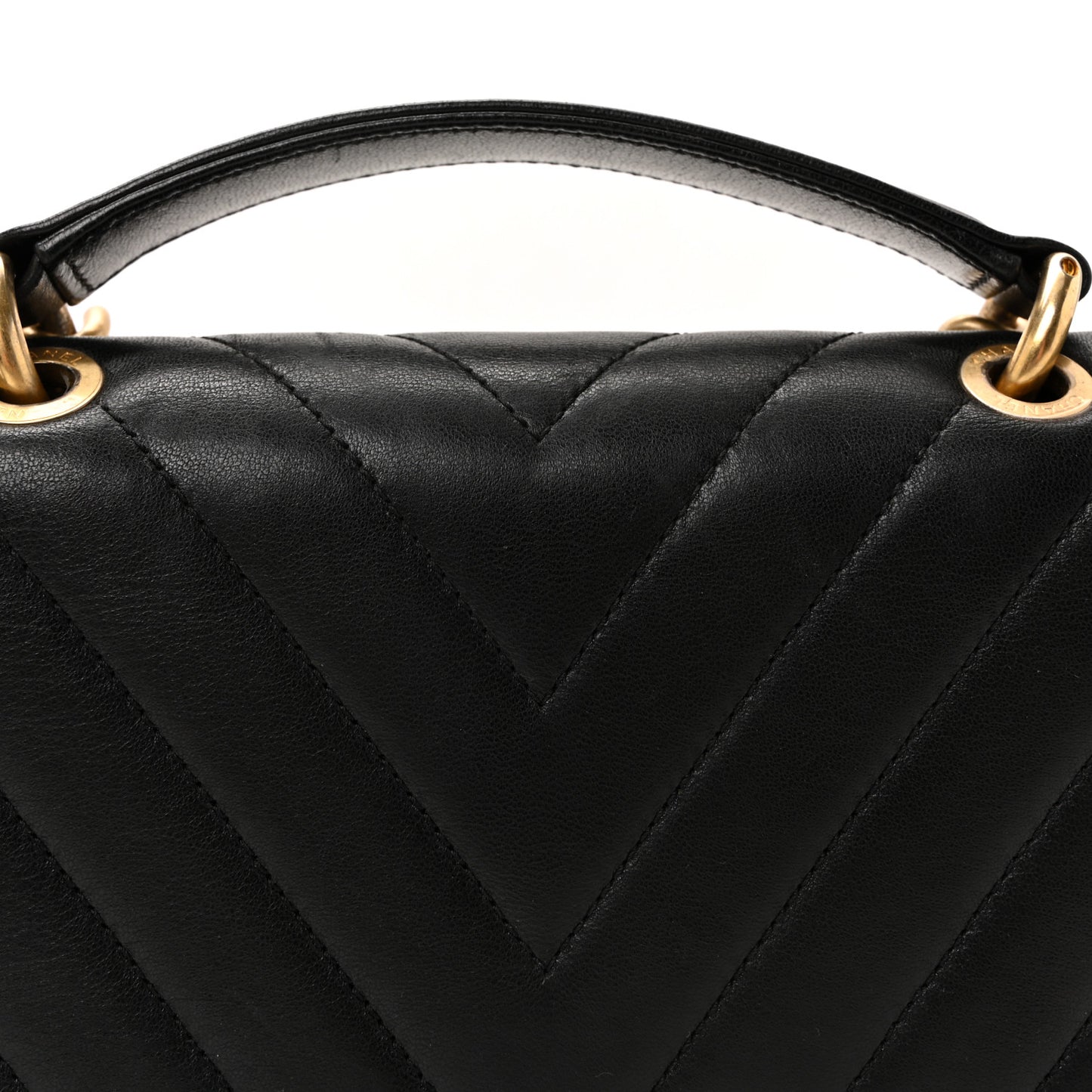 Sheepskin Chevron Stitched Chain Top Handle Flap Black