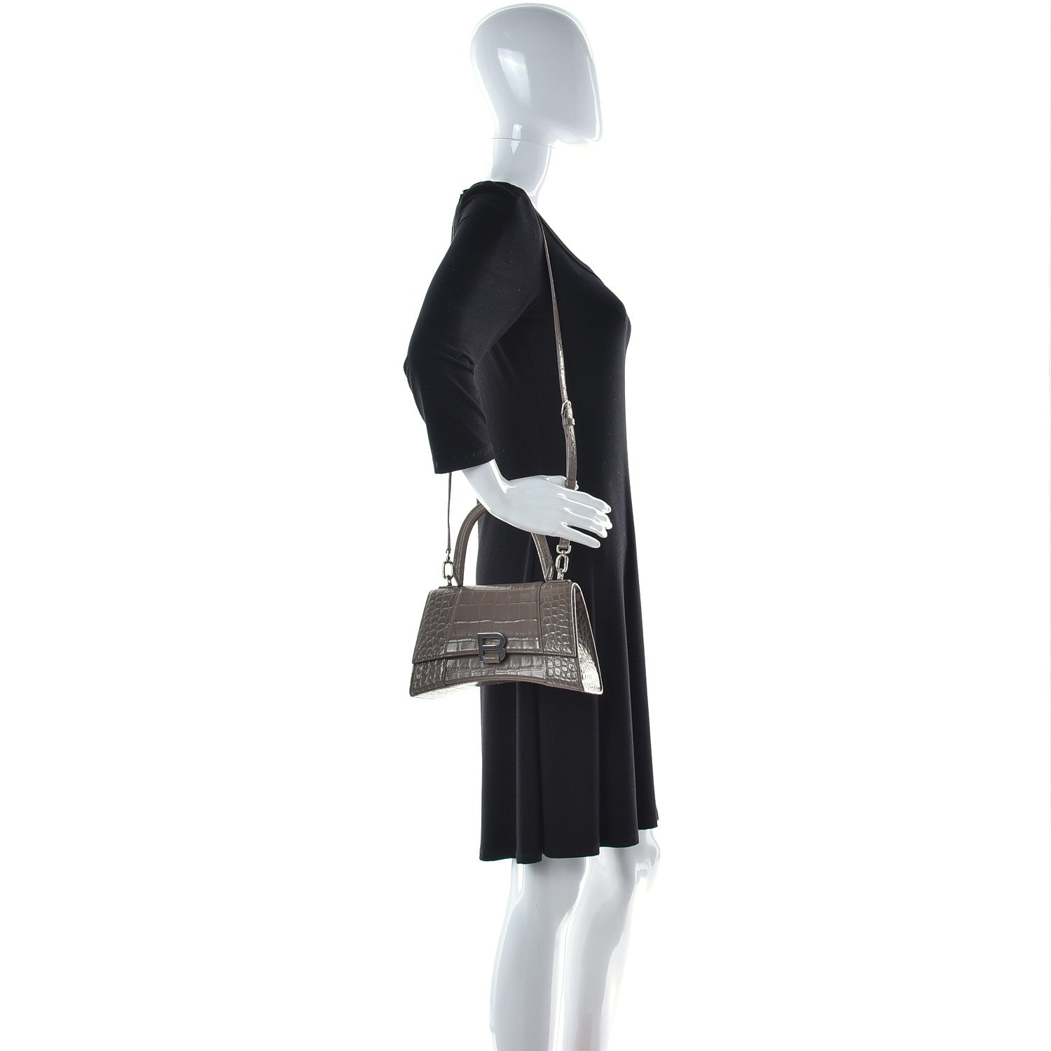 Balenciaga Shiny Calfskin Crocodile Embossed Small Hourglass Top Handle Bag Mink Grey 3 of 14