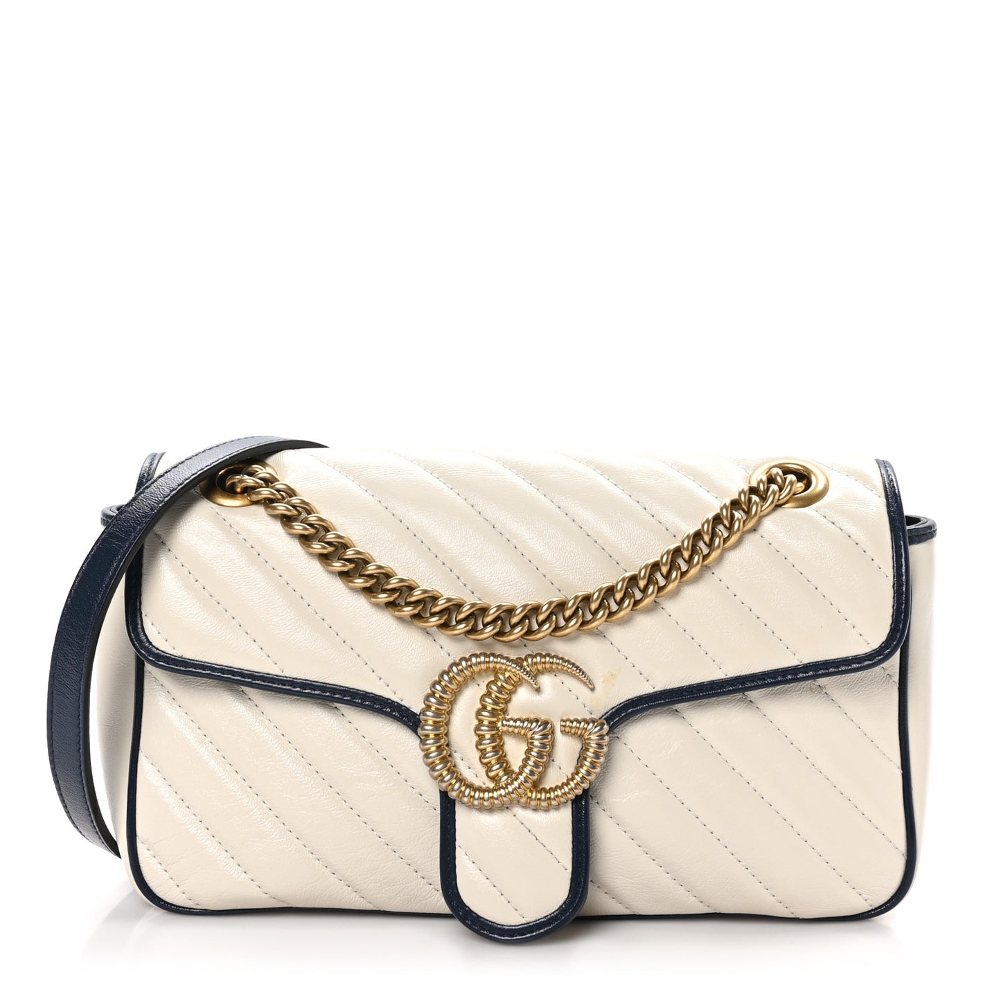 Vintage Effect Calfskin Matelasse Diagonal Small Torchon GG Marmont Shoulder Bag Mystic White Blue Agata