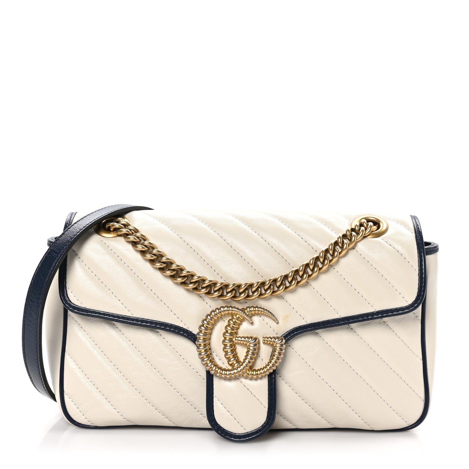 Gucci Vintage Effect Calfskin Matelasse Diagonal Small Torchon GG Marmont Shoulder Bag Mystic White Blue Agata 1 of 10