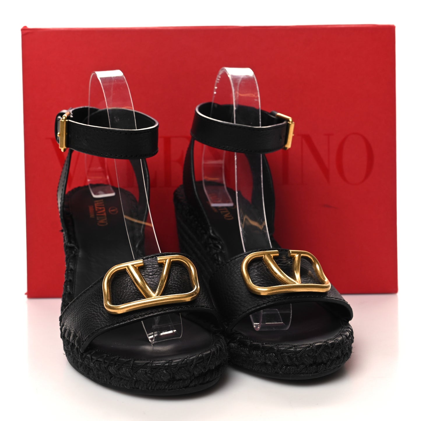 Grainy Cowhide VLogo Ankle Wrap Espadrille Wedge Sandals 40 Black