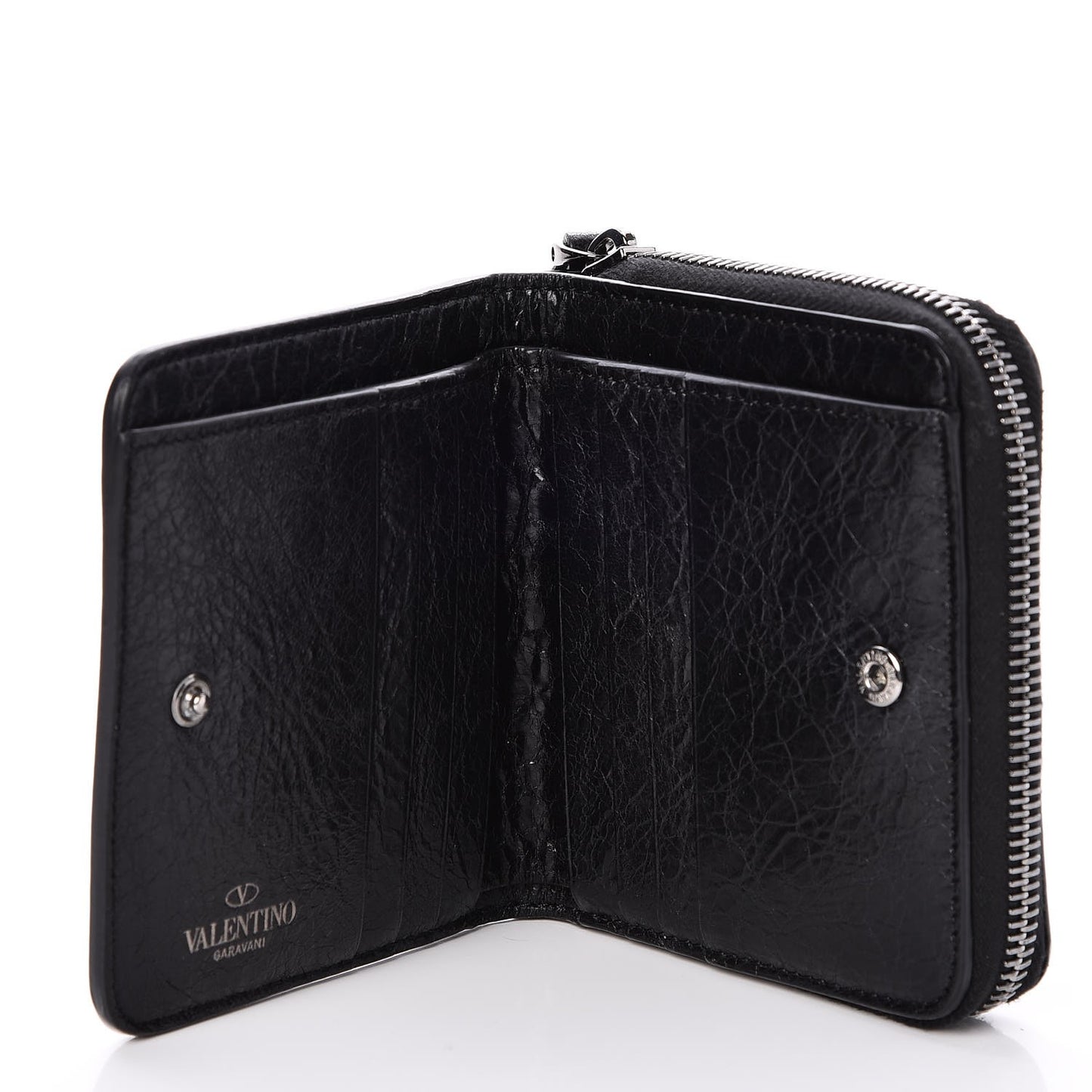 Craquele Nappa Rockstud Spike Compact Zip Around Wallet Black