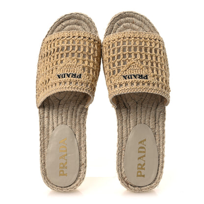 Prada Raffia Triangle Logo Crochet 20mm Espadrille Sandals 37 Natural Black 2 of 11