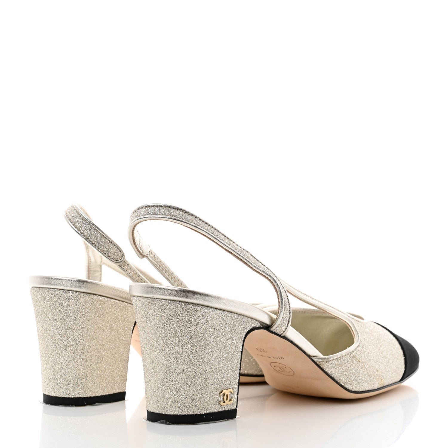 Chanel Glitter Grosgrain Cap Toe CC Slingback Pumps 39 Gold Black 4 of 9