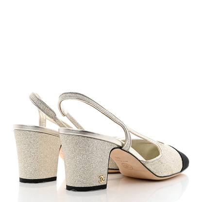 Chanel Glitter Grosgrain Cap Toe CC Slingback Pumps 39 Gold Black 4 of 9