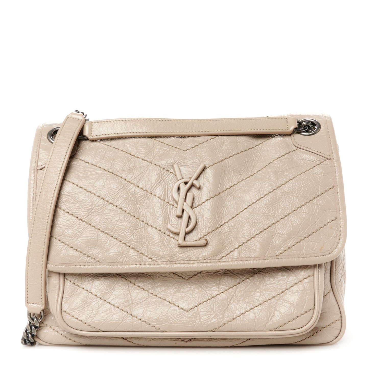 Crinkled Calfskin Matelasse Monogram Medium Niki Chain Satchel Light Taupe