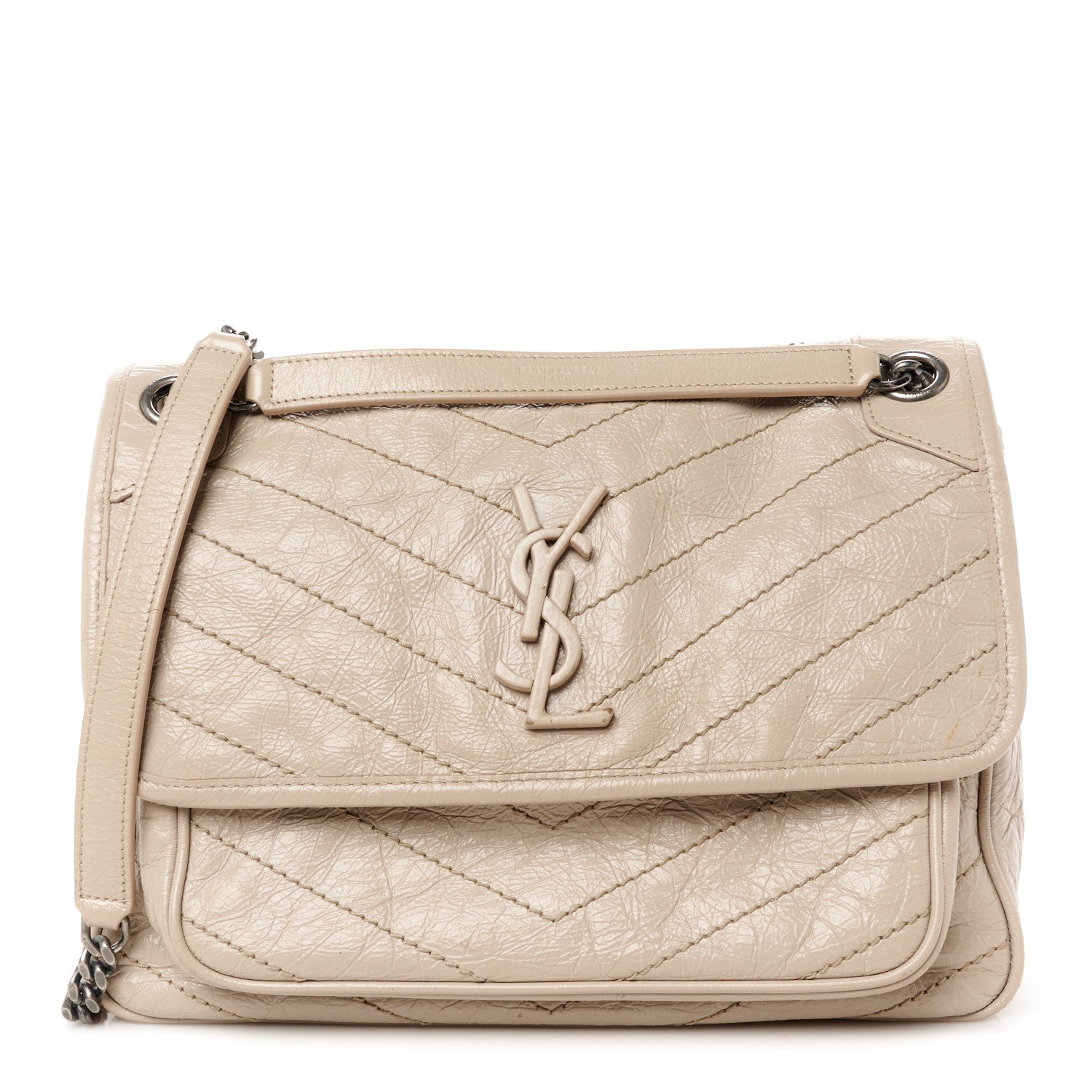 Saint Laurent Crinkled Calfskin Matelasse Monogram Medium Niki Chain Satchel Light Taupe 1 of 11