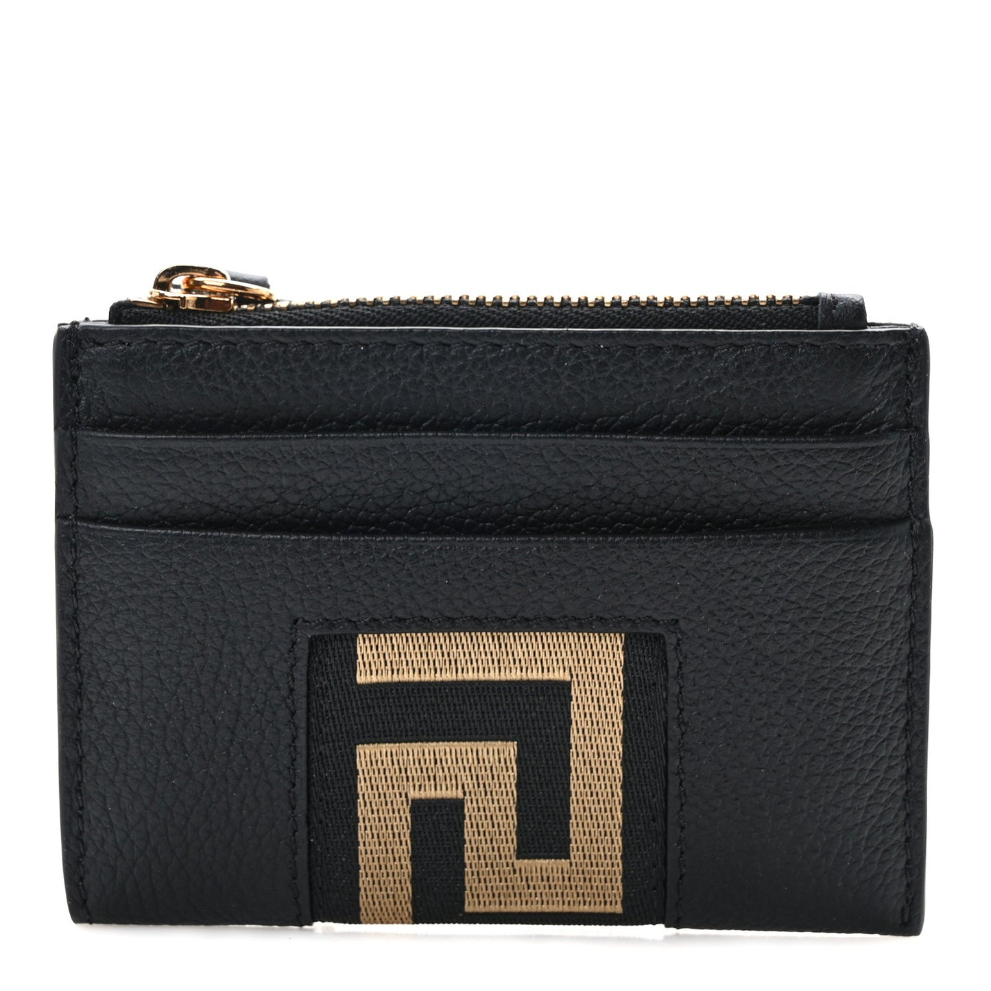 Grained Calfskin Ribbon Greca Zip Card Holder Wallet Black Gold