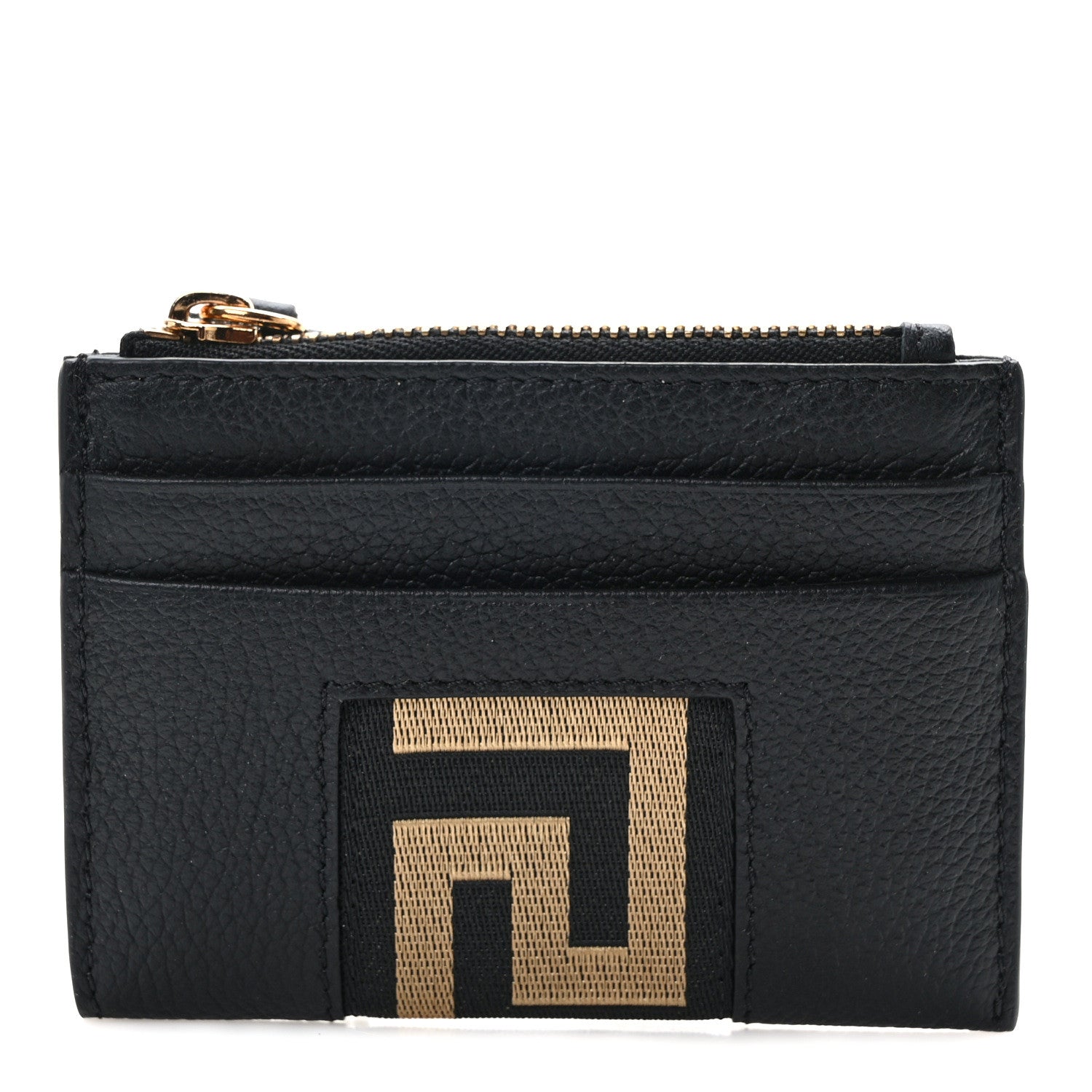Versace Grained Calfskin Ribbon Greca Zip Card Holder Wallet Black Gold 1 of 9