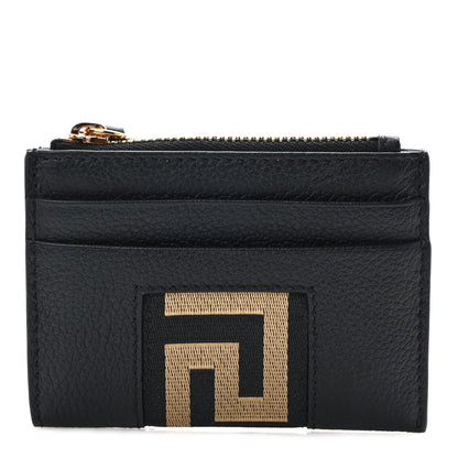 Versace Grained Calfskin Ribbon Greca Zip Card Holder Wallet Black Gold 1 of 9