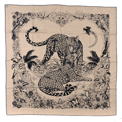 Hermes Cashmere Silk Jungle Love Tattoo Shawl 140 Natural Bleu Black 1 of 4
