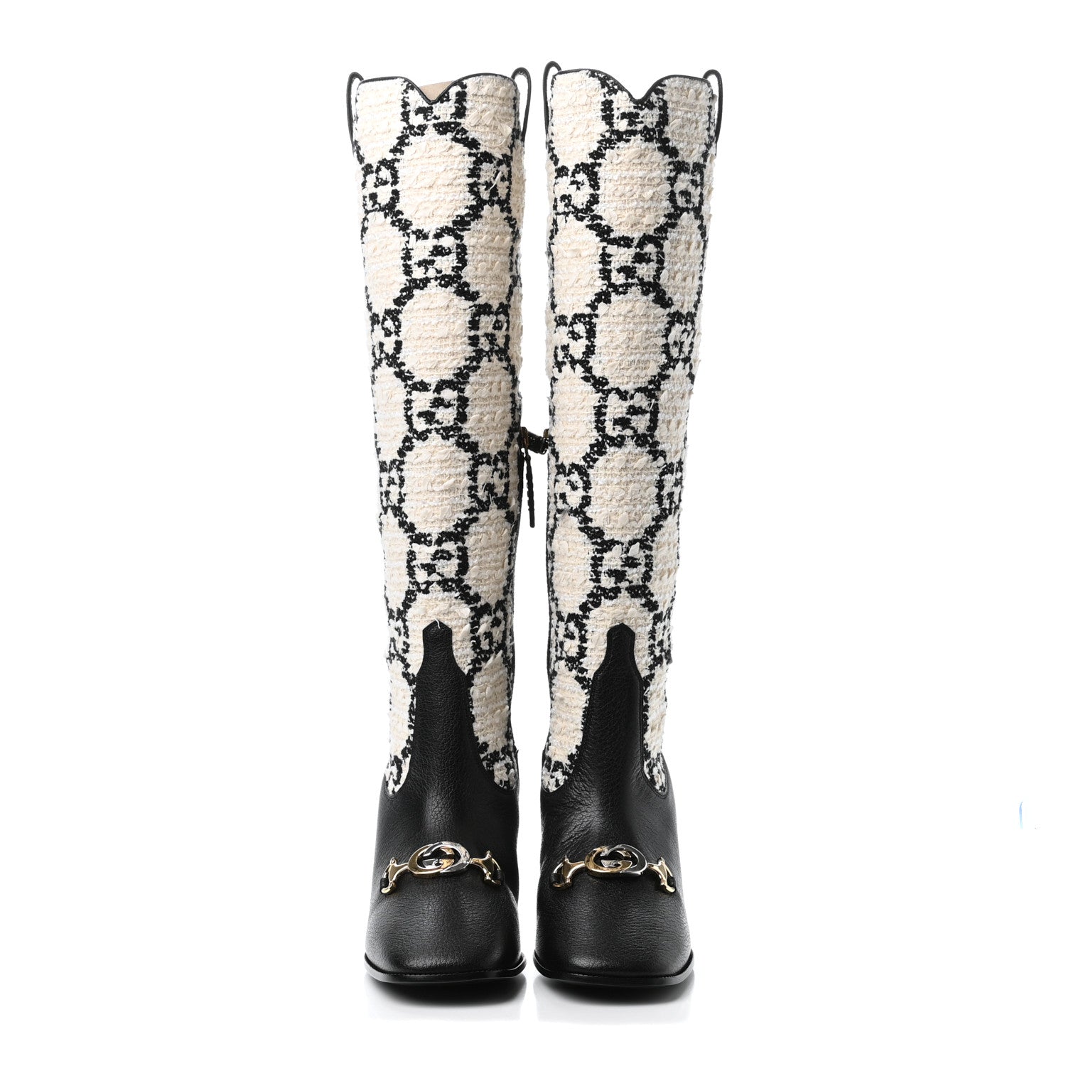 Gucci Tweed GG Monogram Wrinkled Kid Zumi Knee Boots 37.5 Natural Black 2 of 4