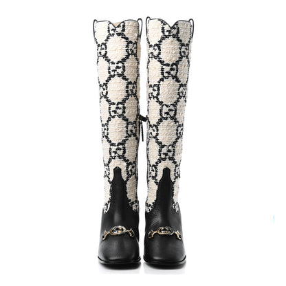 Gucci Tweed GG Monogram Wrinkled Kid Zumi Knee Boots 37.5 Natural Black 2 of 4