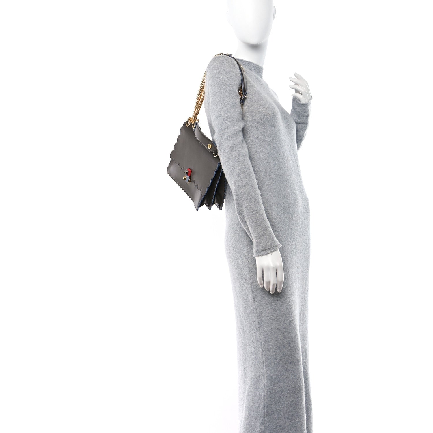 Fendi Vitello Liberty Scalloped Studded Kan I Shoulder Bag Carbone 2 of 13