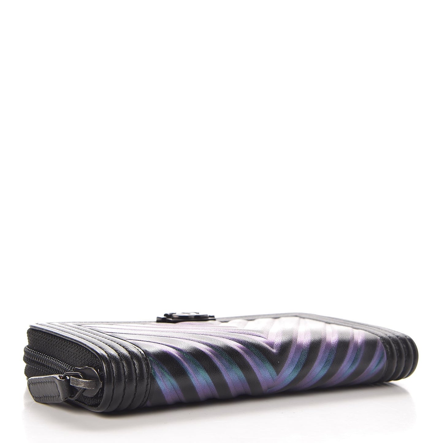 Calfskin Painted Chevron Embossed Small Boy Zip Wallet Black