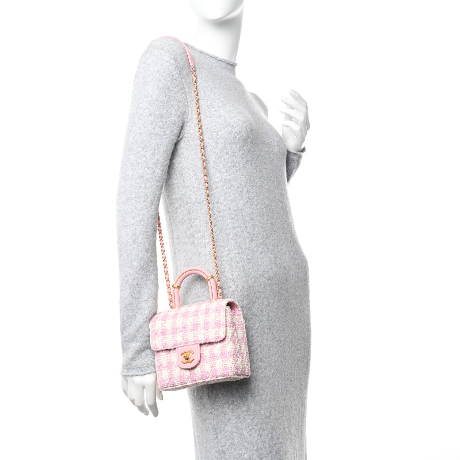 Chanel Tweed Handle Crush Top Handle Flap Bag Pink Ecru 3 of 14