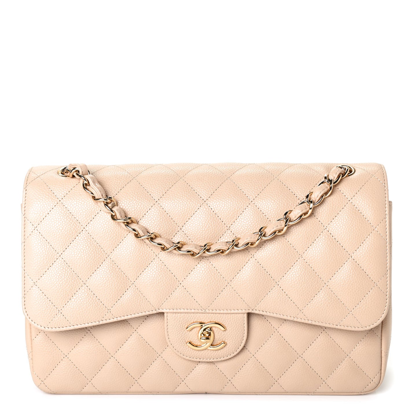 Caviar Quilted Jumbo Double Flap Beige Clair