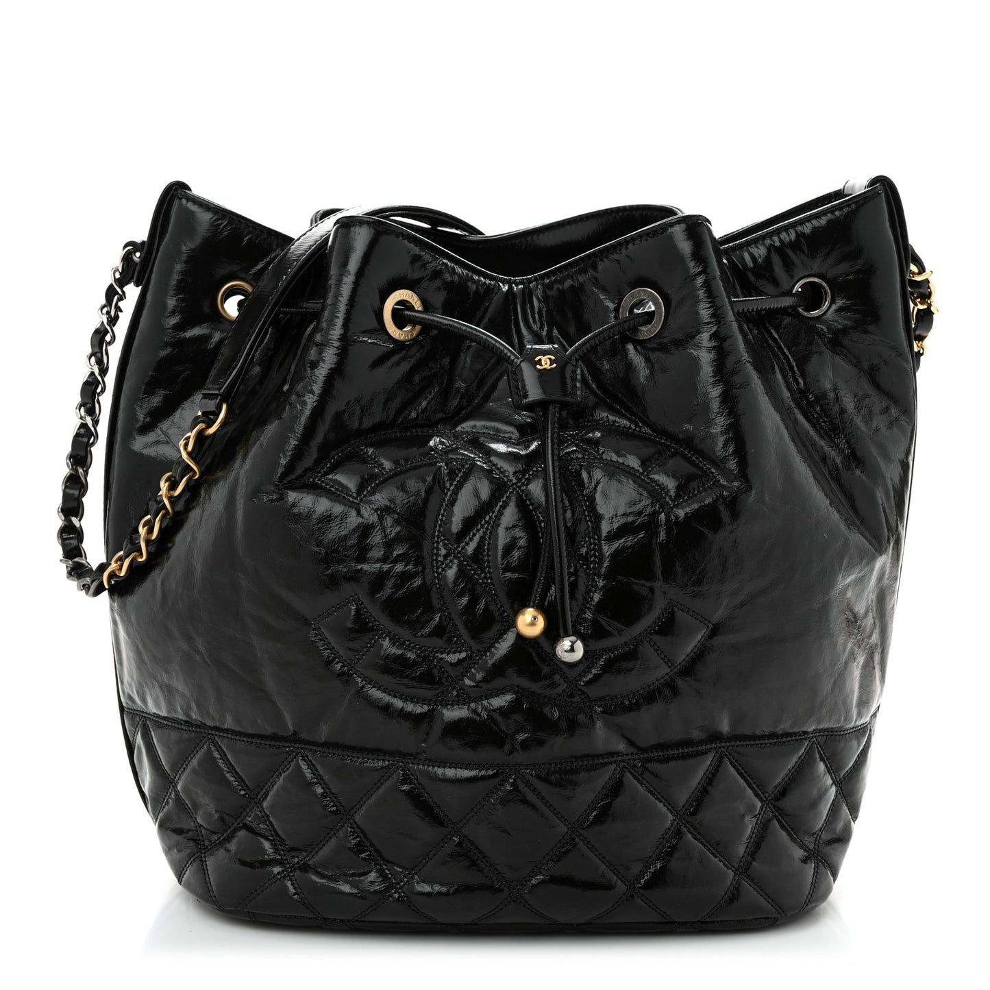 Shiny Aged Calfskin CC Chain Drawstring Bag Black