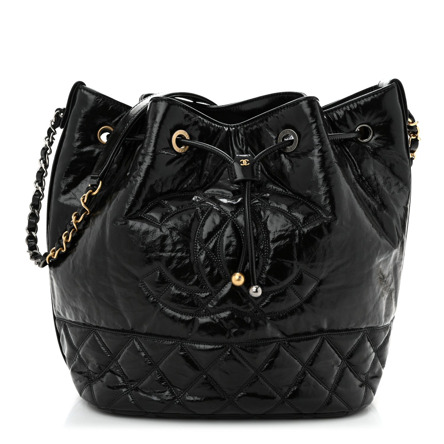 Chanel Shiny Aged Calfskin CC Chain Drawstring Bag Black 1 of 10