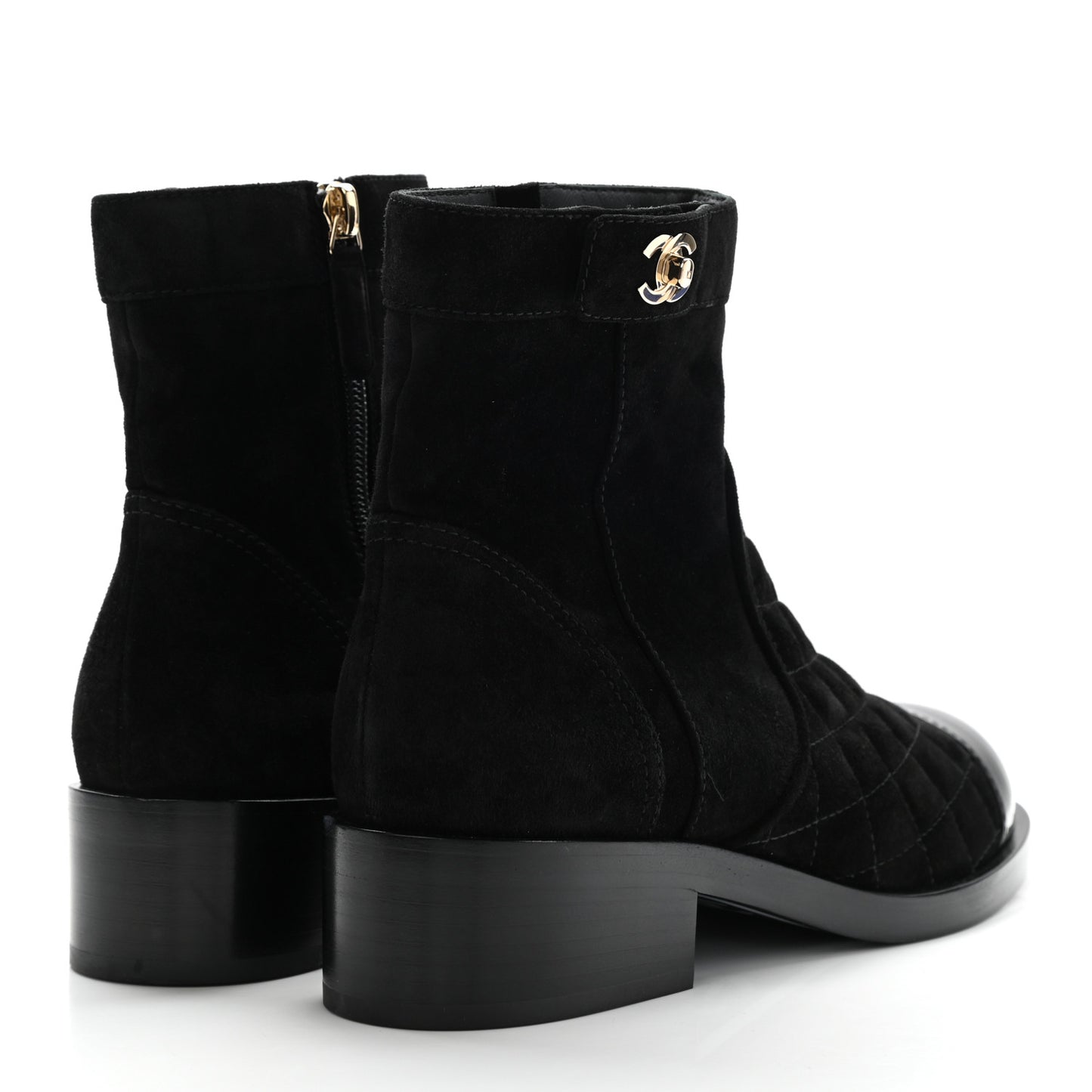 Suede Patent Calfskin Quilted Cap Toe Short Boots 37 Black