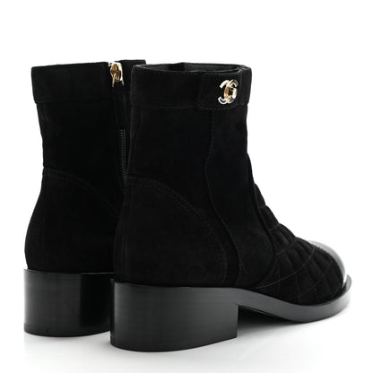 Chanel Suede Patent Calfskin Quilted Cap Toe Short Boots 37 Black 4 of 8