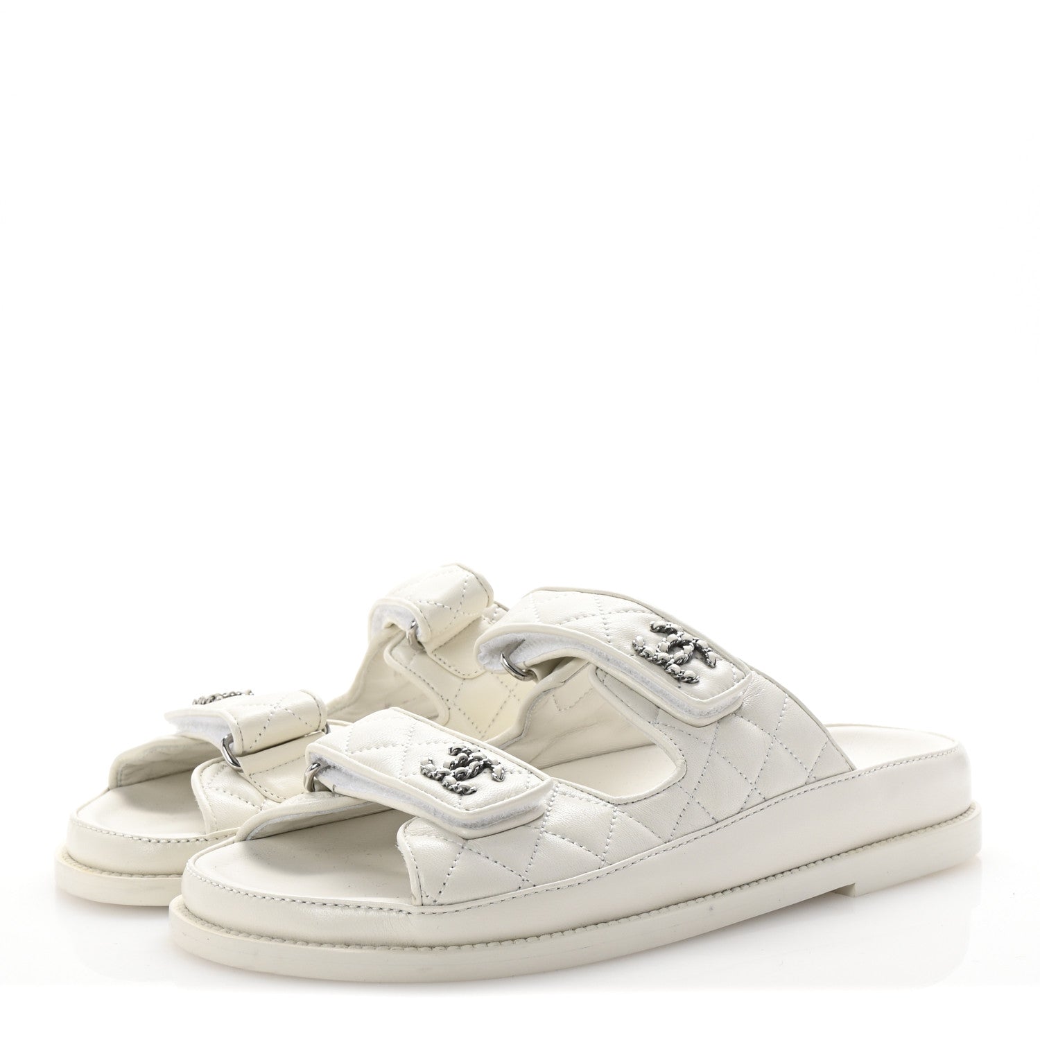 Chanel Lambskin Quilted Velcro Dad Chain CC Slide Sandals 37.5 White 4 of 9