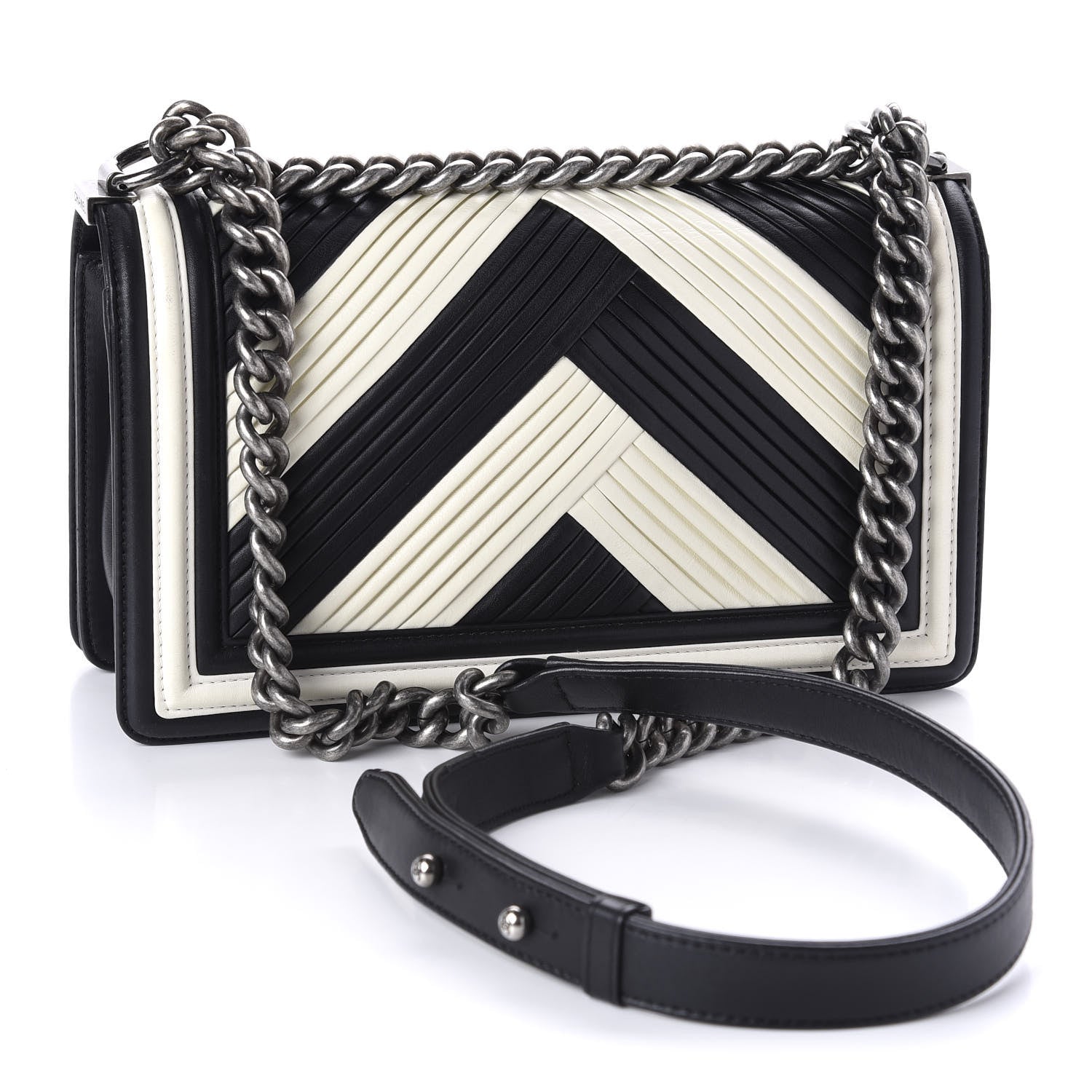 Chanel Calfskin Pleated Medium Boy In Rome Flap Black White 4 of 12