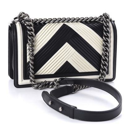 Chanel Calfskin Pleated Medium Boy In Rome Flap Black White 4 of 12