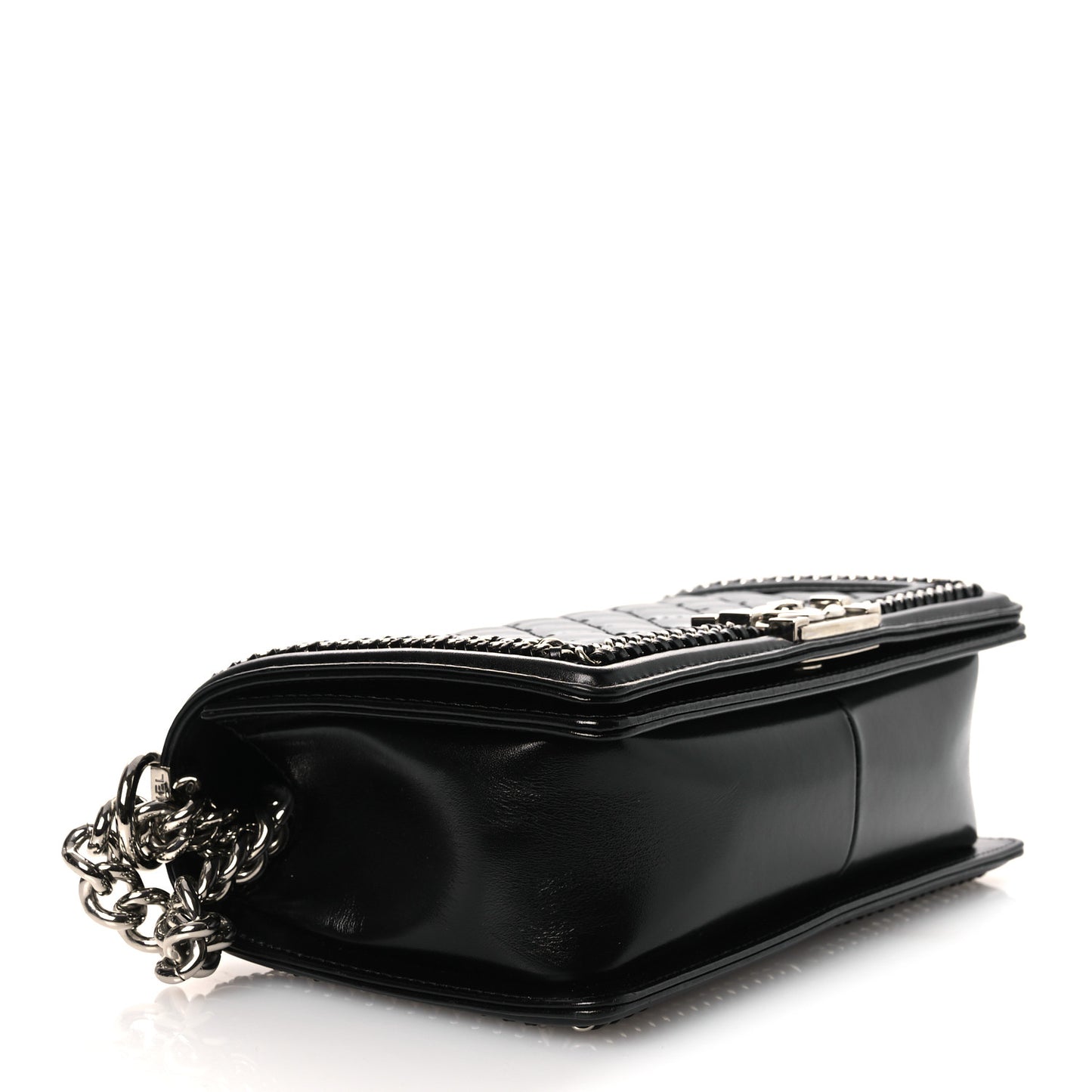 Glazed Calfskin Quilted Medium Chain Around Boy Flap Black