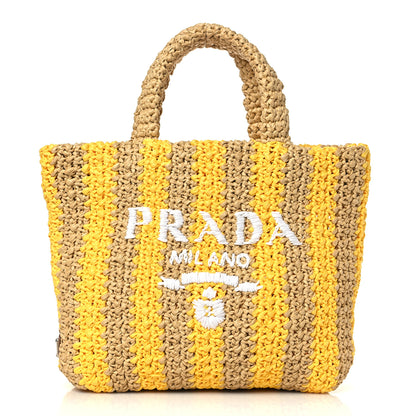 Prada Yarn Raffia Effect Crochet Striped Small Logo Tote Naturale Giallo 1 of 9