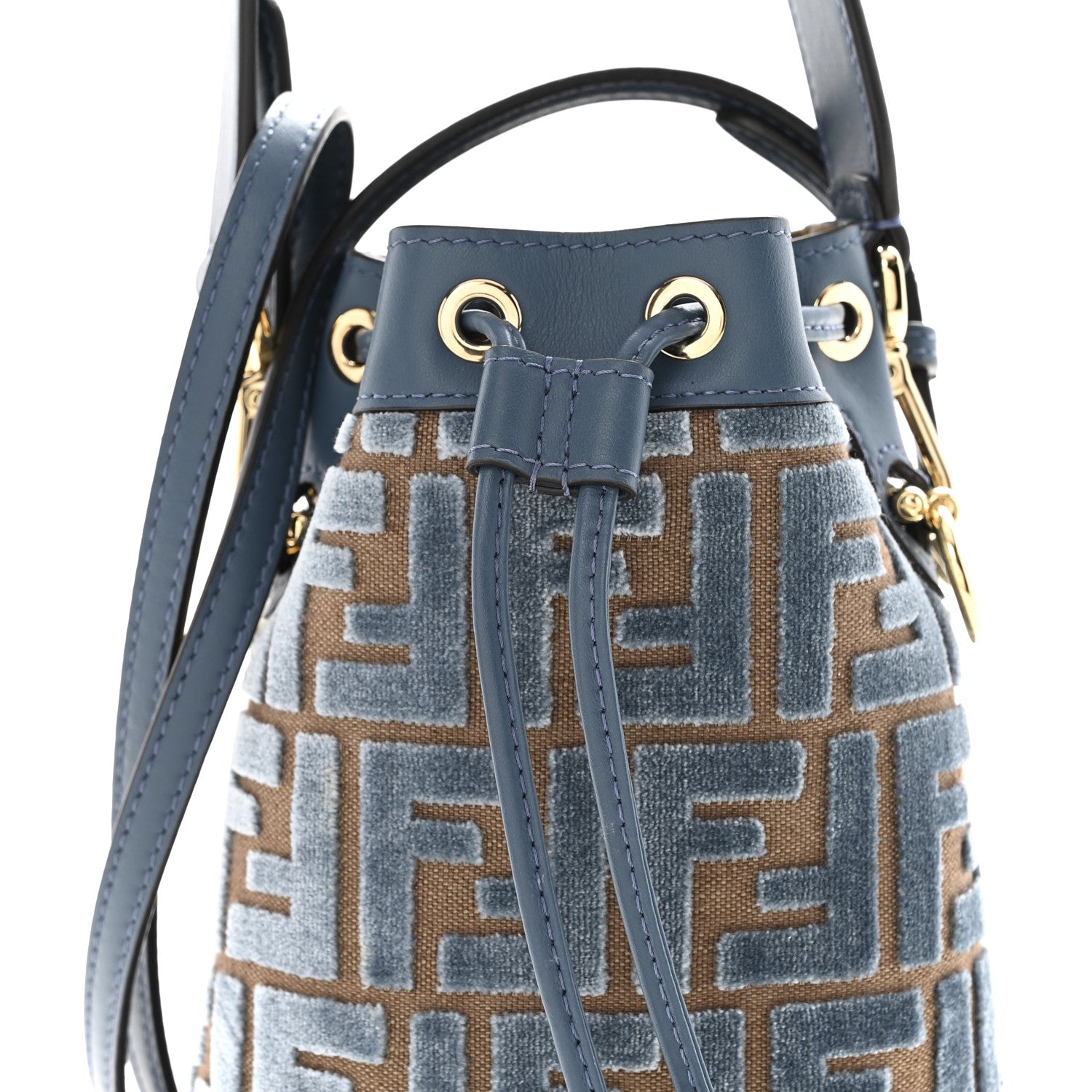 Fendi Vitello Grace Velluto FF Mini Mon Tresor Bucket Bag Dusty Blue Brown 8 of 10
