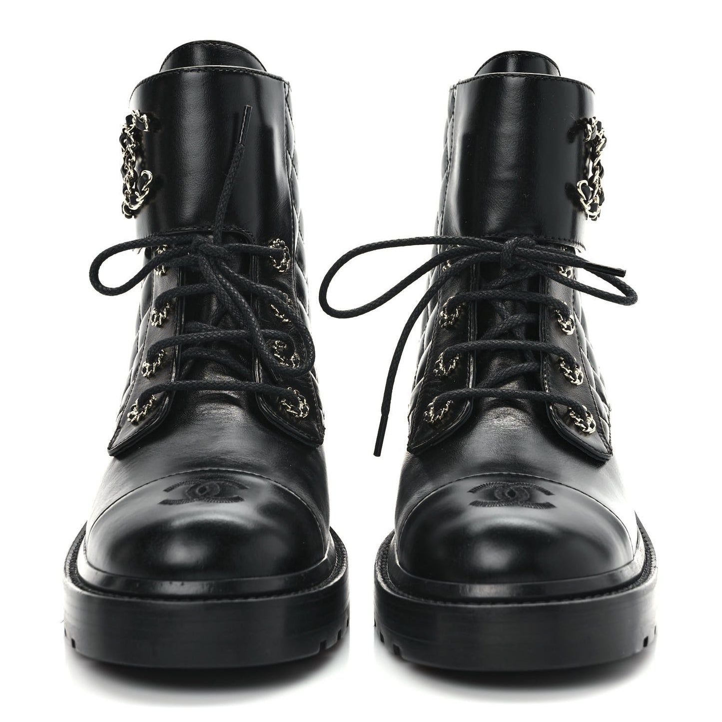 Shiny Calfskin Quilted Lace Up Combat Boots 40 Black
