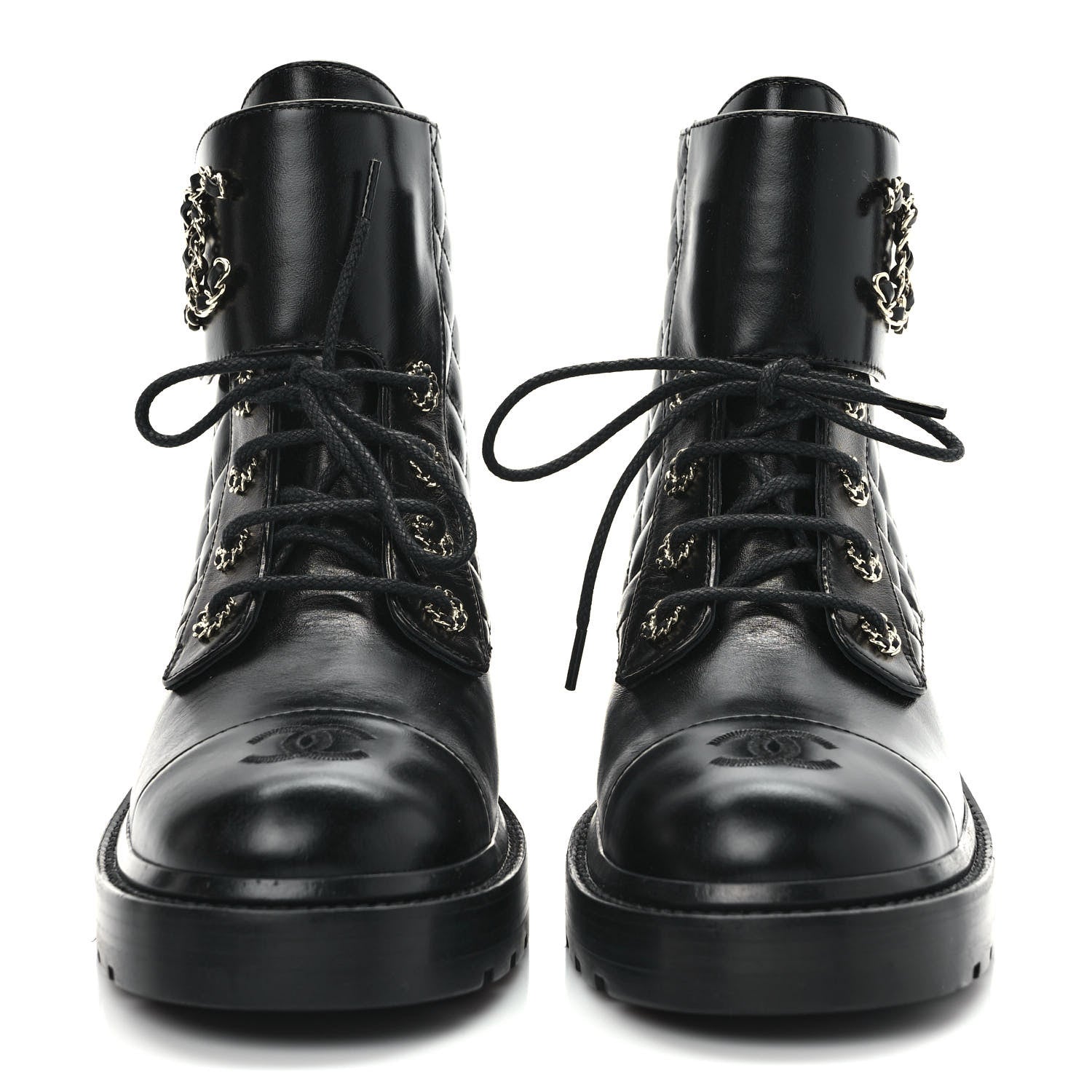 Chanel Shiny Calfskin Quilted Lace Up Combat Boots 40 Black 2 of 8