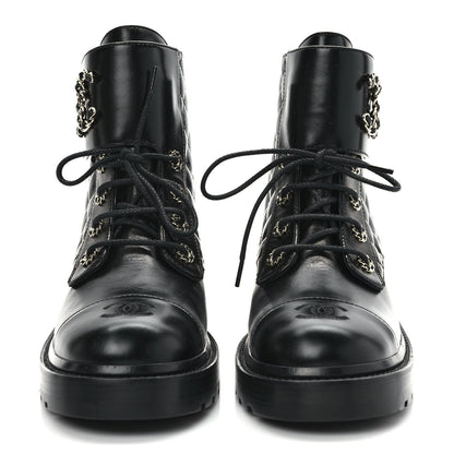 Chanel Shiny Calfskin Quilted Lace Up Combat Boots 40 Black 2 of 8