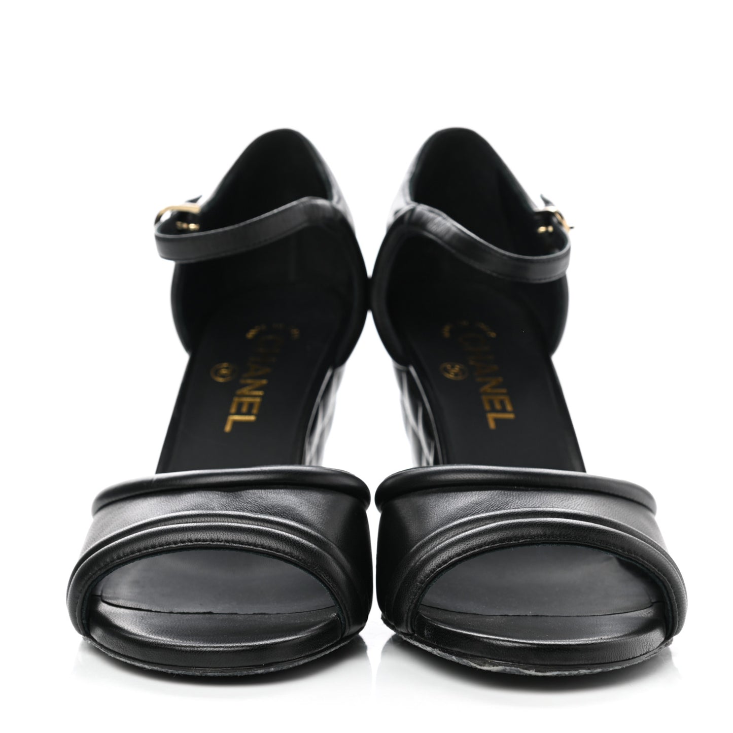 Lambskin Pearl Quilted Peep Toe Wedge Sandals 40 Black