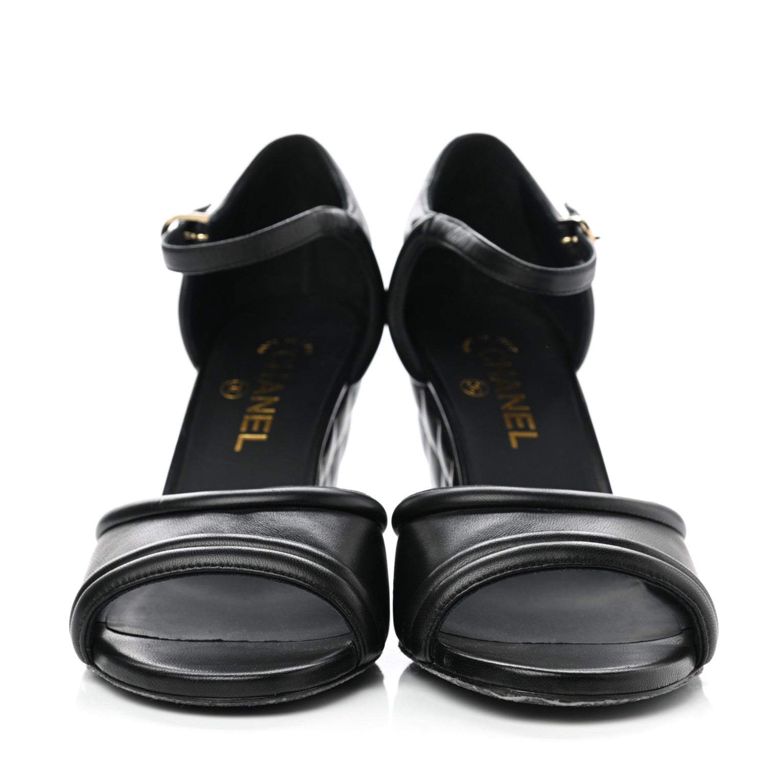 Chanel Lambskin Pearl Quilted Peep Toe Wedge Sandals 40 Black 2 of 9