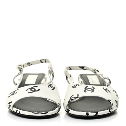 Chanel Printed Lambskin CC Slingback Sandals 40 White Black 2 of 12