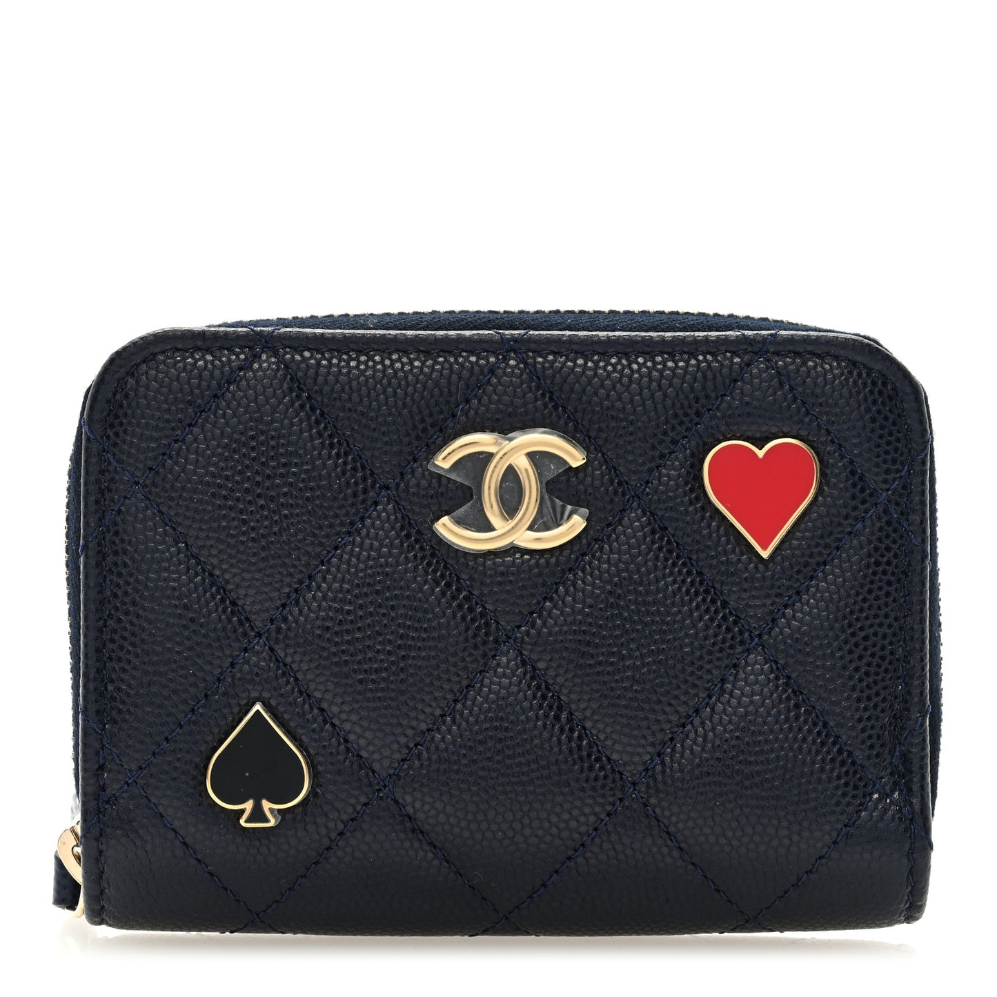 Caviar Enamel Coco Casino Quilted Zip Coin Purse Navy Blue