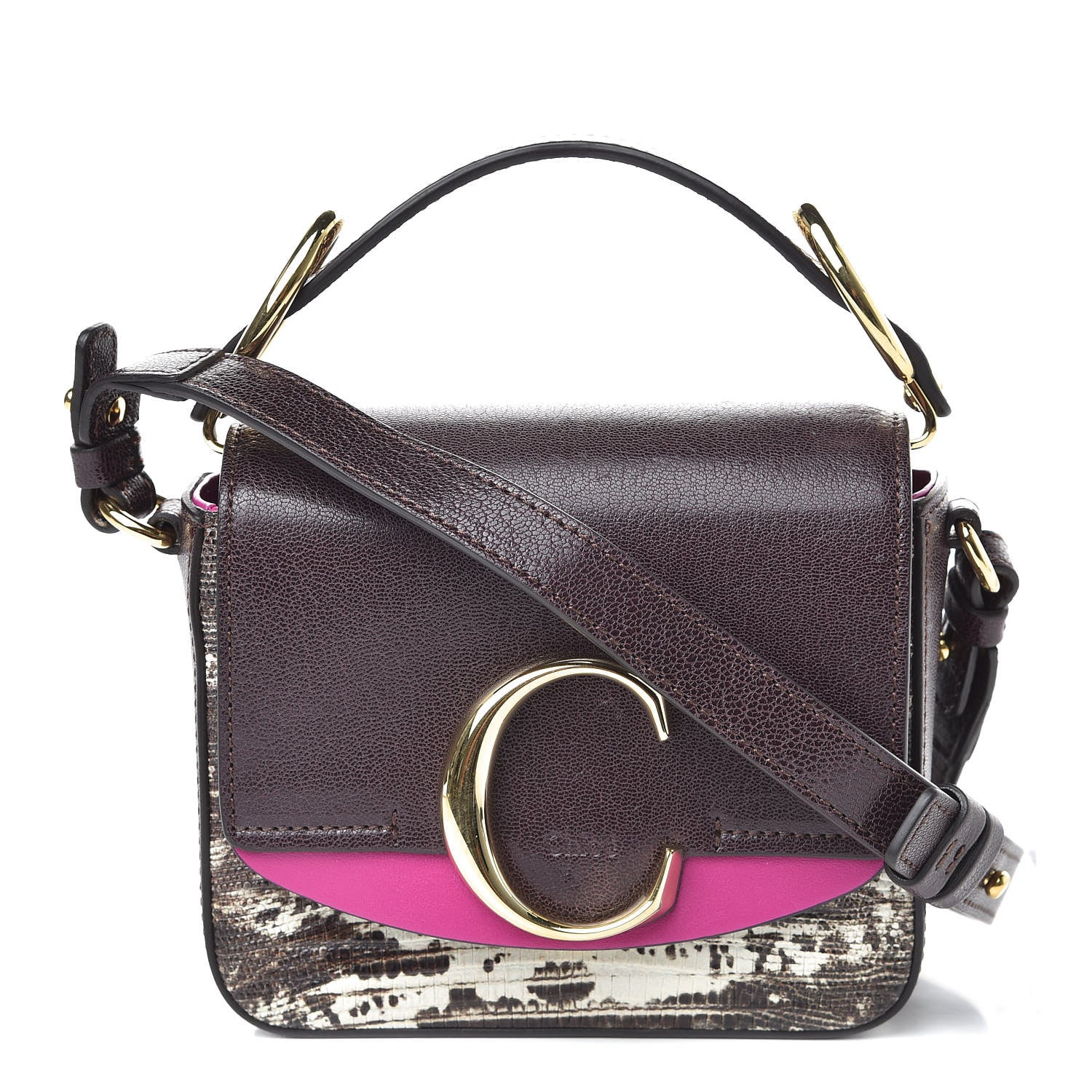 Chloe Shiny Goatskin Calfskin Lizard Embossed Mini C Double Carry Black Raisin 1 of 8