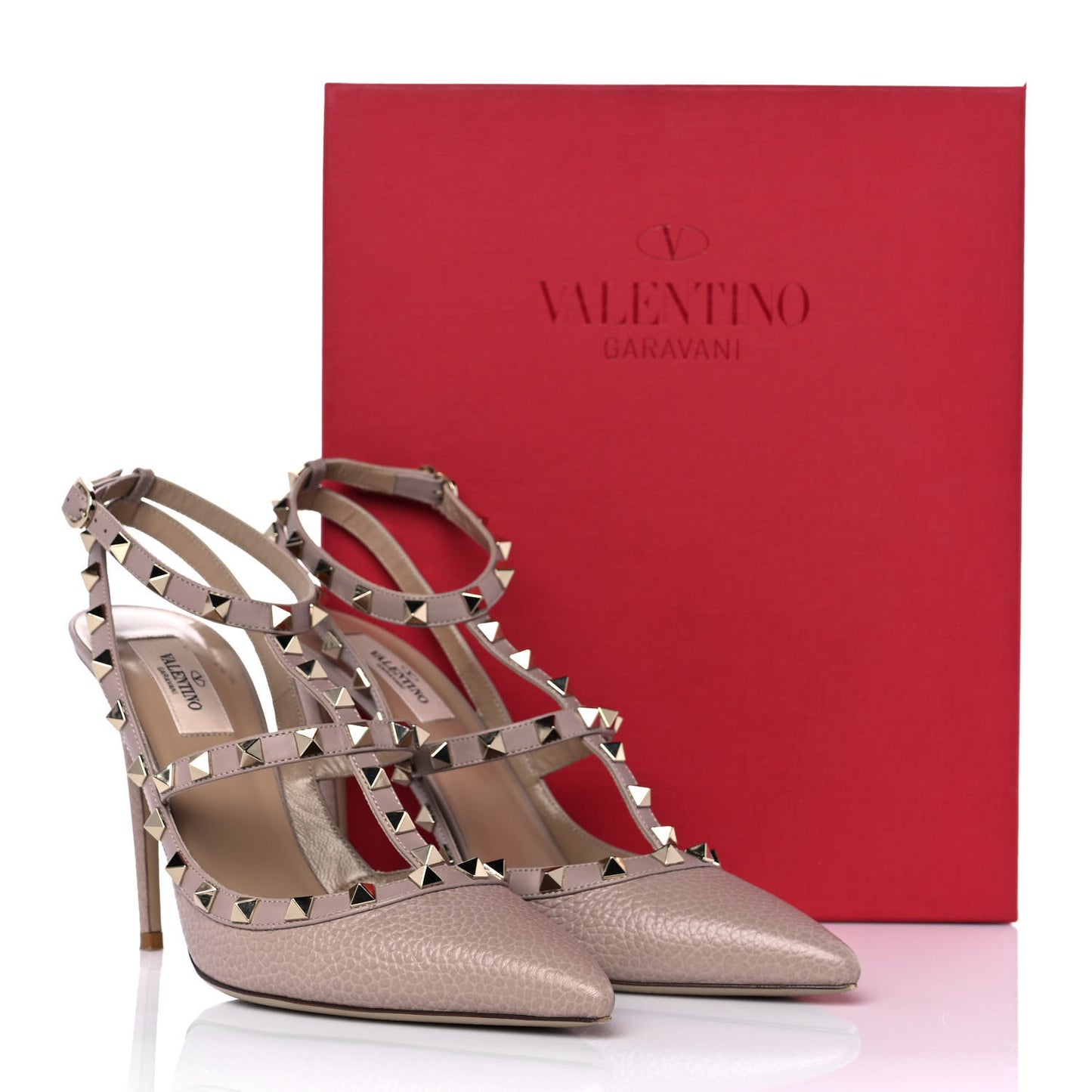 Pebbled Calfskin Rockstud Ankle Strap Pumps 41 Poudre