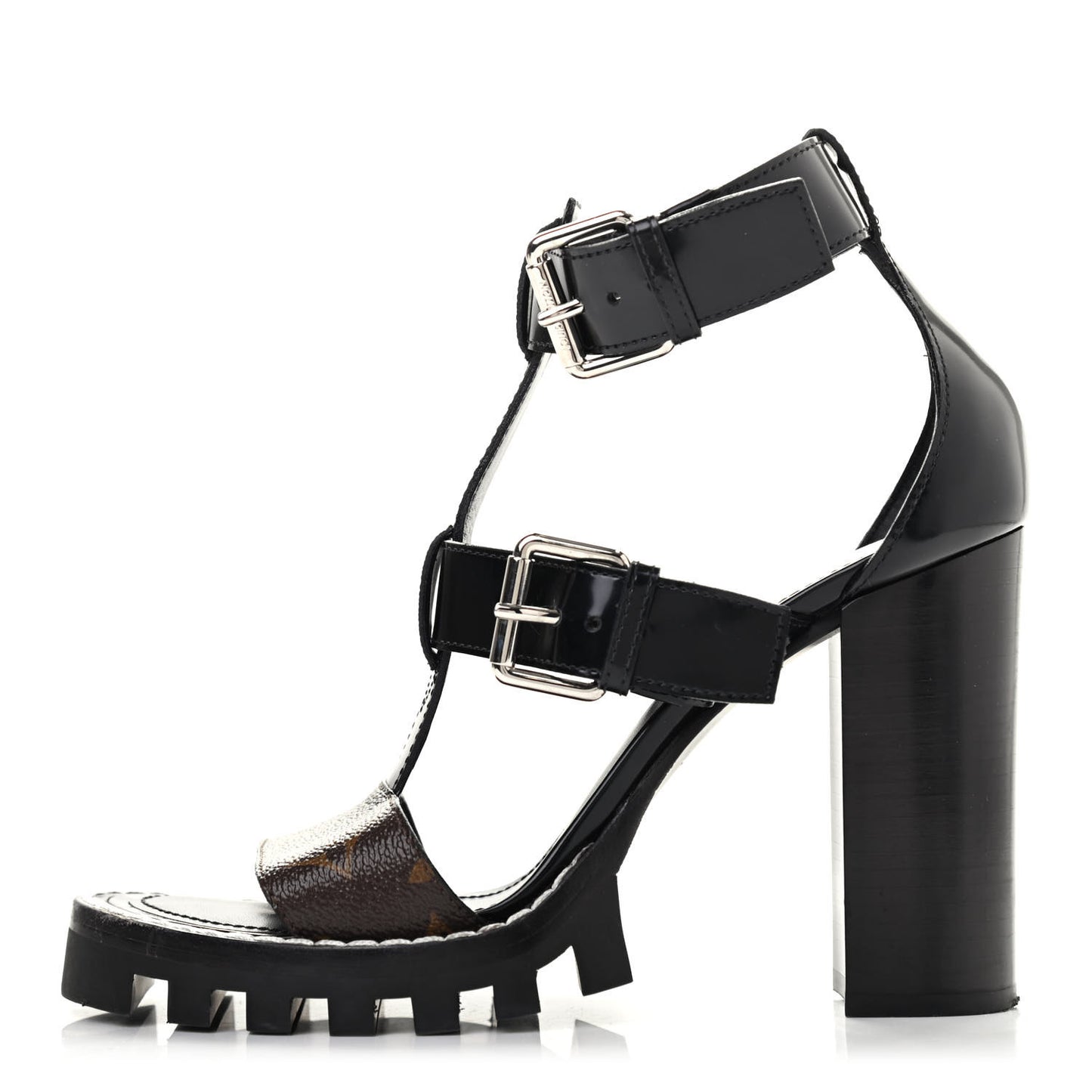 Patent Calfskin Monogram Star Trail Sandal 38 Black