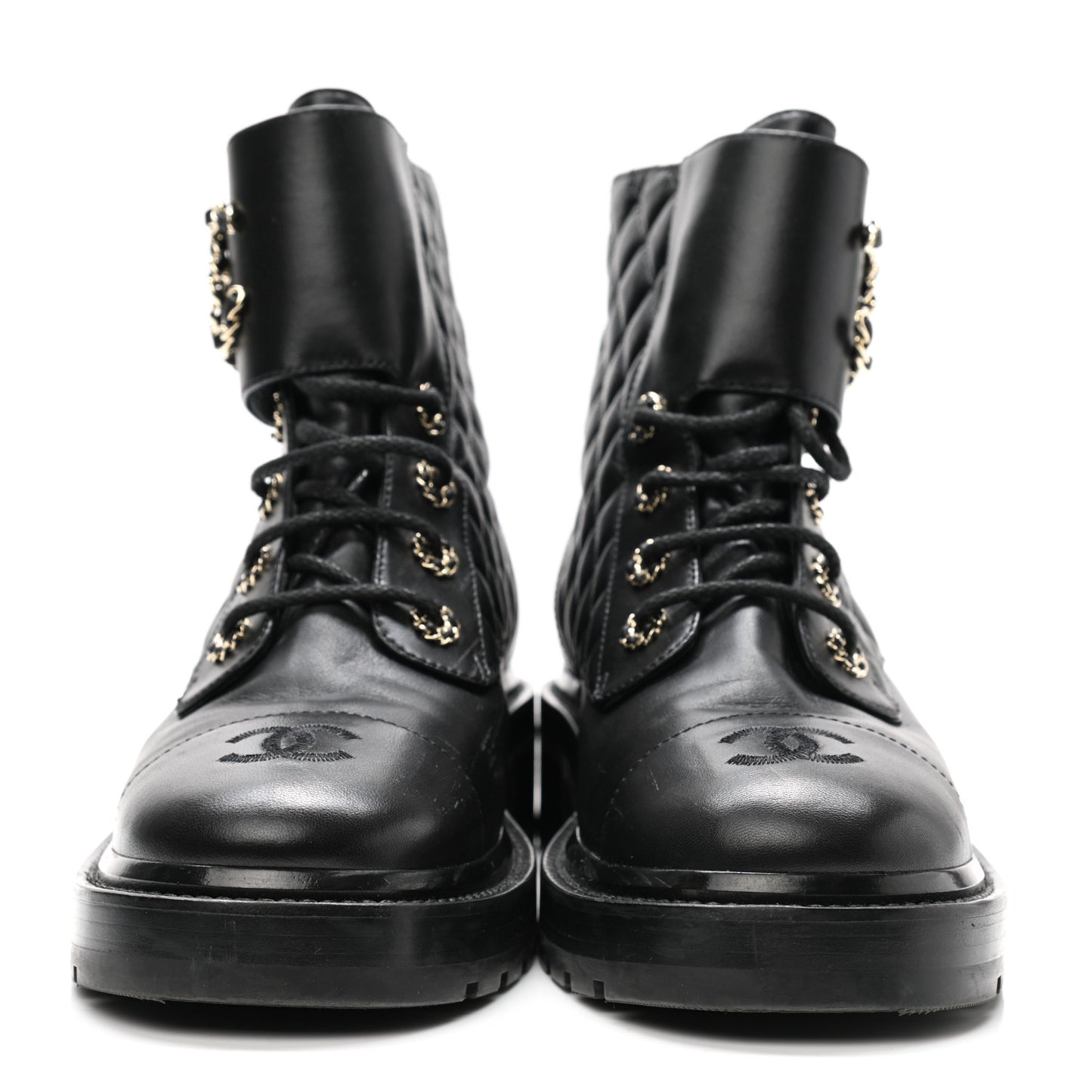 Shiny Calfskin Quilted Lace Up Combat Boots 40 Black