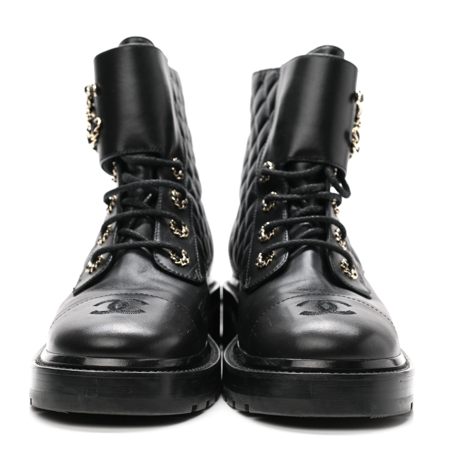 Chanel Shiny Calfskin Quilted Lace Up Combat Boots 40 Black 2 of 9