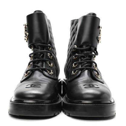 Chanel Shiny Calfskin Quilted Lace Up Combat Boots 40 Black 2 of 9